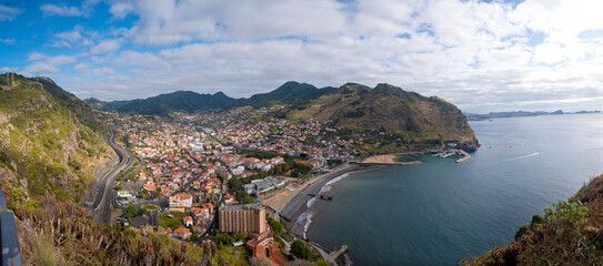 Panorama view of the city and bay of Machico on the island of Madeira, Portugal