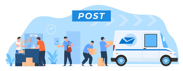 Post delivery process customer service vector flat employee of postal office working as team