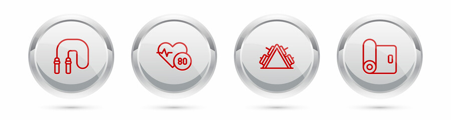 Fototapeta premium Set line Jump rope, Heart rate, Metal rack with weight and Fitness mat roll. Silver circle button. Vector