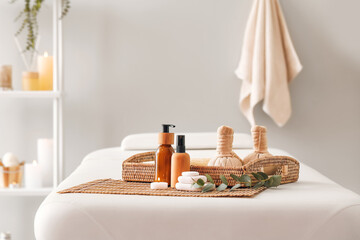 Spa supplies on table in beauty salon