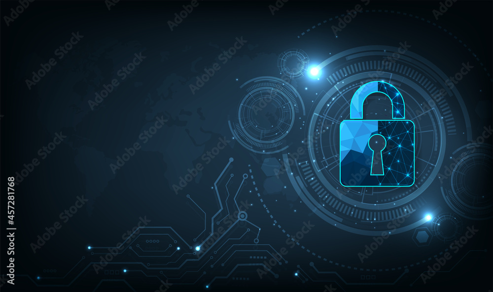 Poster Data prevent and Internet security concept.Security Padlock lock  icon on dark blue background.Technology for online data access defense against hacker and virus.Technology security concept. 
