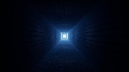 Blue Square Light in the Dark Corridor Tunnel 3D Rendering