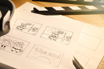 Storyboards with cartoon sketches at workplace. .