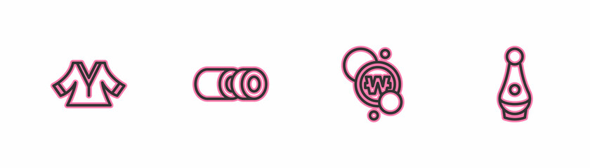 Set line Kimono, South Korean won coin, Sushi and Soju bottle icon. Vector