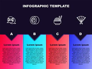 Fototapeta premium Set line South Korea flag, Sushi, Asian noodles in bowl and Traditional fan. Business infographic template. Vector