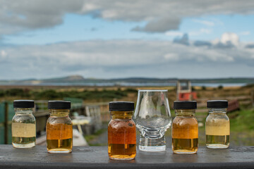 Whisky samples Scotch Islay drink variety of Whiskeys to taste in Islay Sunrise nature