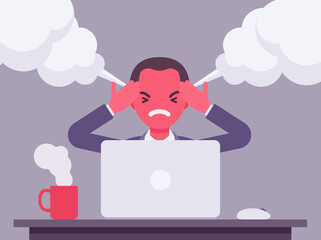 Businessman working with laptop steam coming out of ears, angry. Red faced office worker losing temper in annoyance, rage, displeasure with computer work, overworked employee. Vector illustration