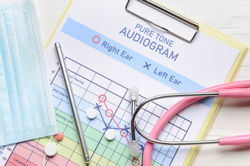 Audiogram with stethoscope, pills and medical mask on white wooden background