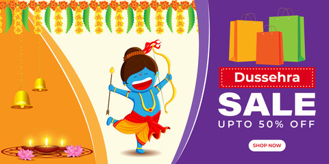 Vector illustration of Dussehra Big Sale banner, up to 50% off, Indian festival offer