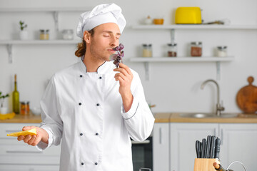 Handsome chef with cheese smelling basil in kitchen