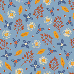 Autumn seamless pattern with berries, chamomile, fall leaves, branches