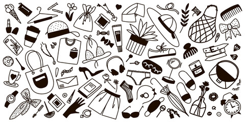 Hand drawn vector illustration of fashion doodle set. Collection of design elements