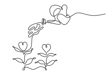 Continuous one line drawing of spraying water pouring water to heart shaped plant for charity day concept isolated on white background.