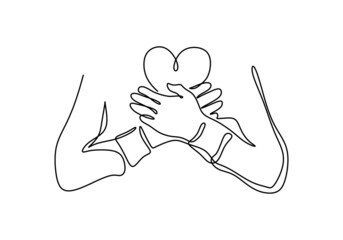 Continuous one line drawing of crossing hand on chest with heart shaped object. Hand hugging heart isolated on white background.