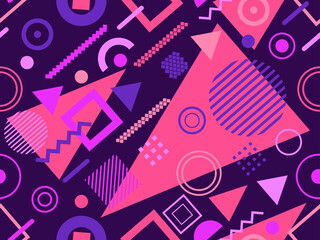 Memphis seamless pattern. Graphic abstract pattern with 80s geometric shapes. Background for printing on paper, advertising materials and banner. Vector illustration