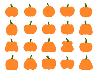 Pumpkins icon set isolated on white background. A collection of pumpkins of different shapes and sizes. Design element for banners and posters, greeting cards. Vector illustration
