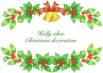 柊とベルをモチーフにしたクリスマス装飾イラスト／Christmas decoration illustration with holly and bell motifs