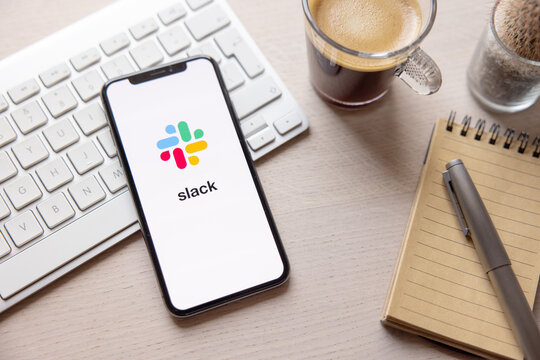 Riga, Latvia - April 12, 2021: Mobile phone with Slack logo on the screen