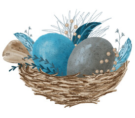 bird nest with blue and gray eggs and feathers, hand draw illustration in boho style