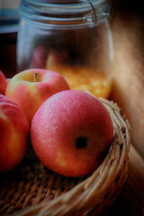 Basket with apples, close up soft focus