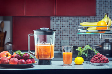  Fruits leaves and vegetables on blurry background.