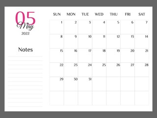 Calendar for May 2022 template planner minimalist. Colorful planner 2022 with calendar. Vector illustration. Blank white notebook page A4. Printable template. Week Starts on Sunday
