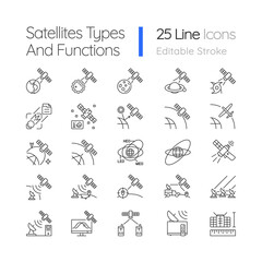 Satellites types linear icons set. Celestial bodies observation, exploration perfomance. Customizable thin line contour symbols. Isolated vector outline illustrations. Editable stroke