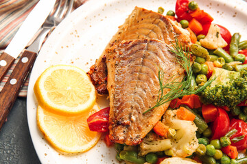 Plate with tasty baked cod fillet and vegetables on dark background, closeup