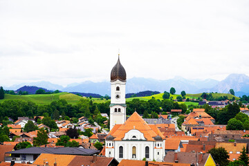 Panoramic view of Nesselwang in the Bavarian Allgäu. Top view of the idyllic little town.