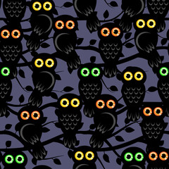 many owls in the night forest look with shining eyes, seamless vector pattern
