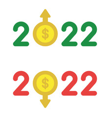 New year 2022 vector concept, dollar coin instead of zero with arrow up and down