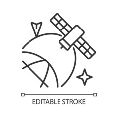 Satellite location in space linear icon. Artifial satelite status, condition information. Thin line customizable illustration. Contour symbol. Vector isolated outline drawing. Editable stroke