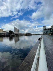 Fototapeta premium Modern architecture and landmark buildings in Salford Quays. Incredible collection of modern buildings. 