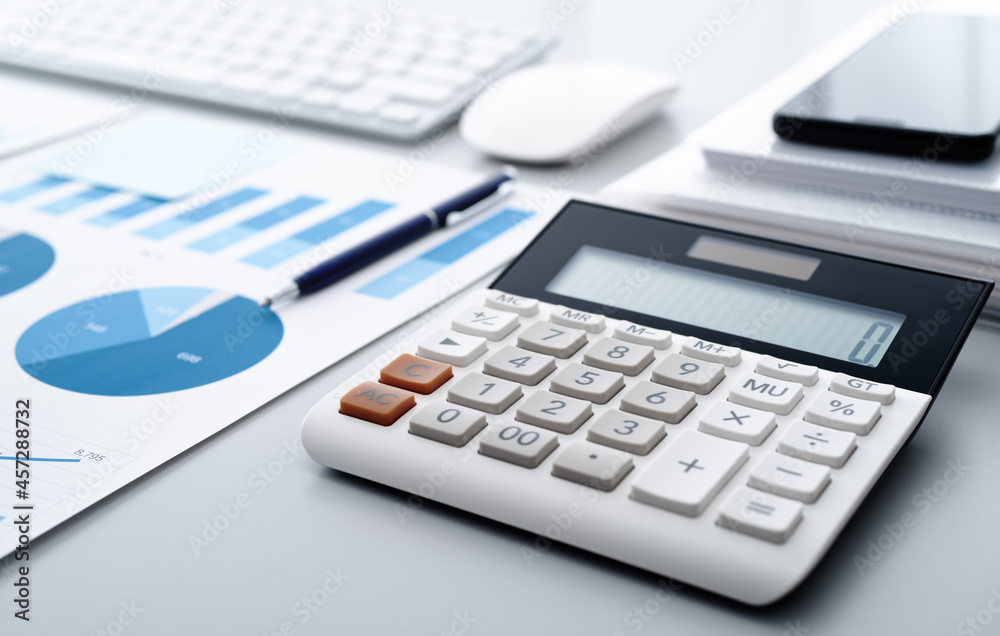 Aufkleber Calculating and analysis. Calculator, report and keyboard.