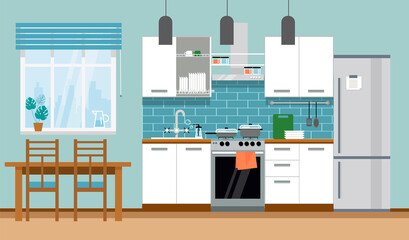 Modern cozy kitchen interior with dining area, flat style, vector graphic design template