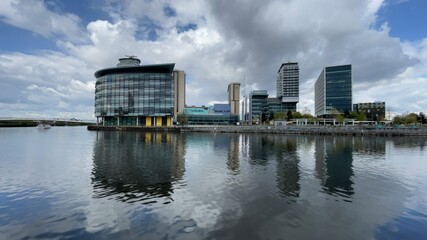 Obraz premium Modern architecture and landmark buildings in Salford Quays. Incredible collection of modern buildings. 