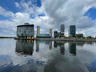 Fototapeta premium Modern architecture and landmark buildings in Salford Quays. Incredible collection of modern buildings. 