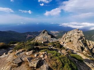 Landscape aerial view of Isola d'Elba seen from the top of Monte Capanne the highest peak in the island, reachable by cableway.