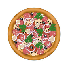 Fresh pizza with cheese, olives, sausage, onion, parsley