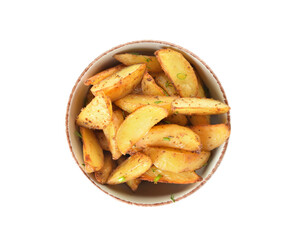 Bowl with tasty baked potato on white background