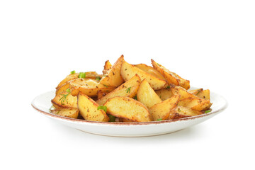 Plate with tasty baked potato on white background