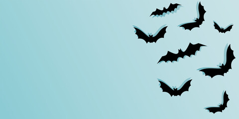 Vector. Halloween background with bats, holiday decorations. Flying bats with shadows. Halloween party invitation card mockup. Happy Halloween banner design. Flat lay, top view, copy space.
