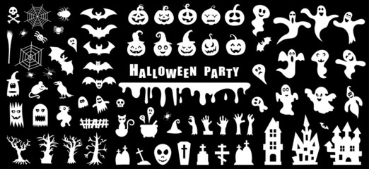Set of silhouettes of Halloween on a black background. Vector illustration..
