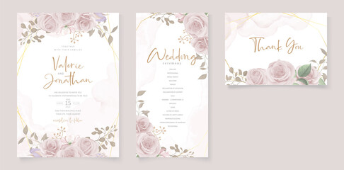 Elegant wedding invitation card with hand drawn soft flower and leaves