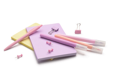 Different stationery supplies on white background
