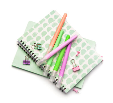 Different stationery supplies on white background