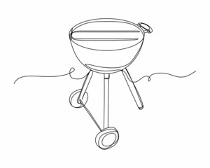 Continuous one line drawing of barbecue grill cooking on nature icon in silhouette on a white background. Linear stylized.