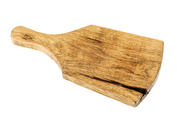 An old wooden cutting board on a white isolated background