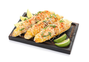 Wooden board with tasty Elote Mexican Street Corn on white background