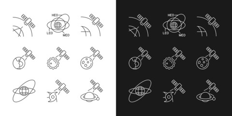 Satellites functions linear icons set for dark and light mode. Global telecommunications network connection. Customizable thin line symbols. Isolated vector outline illustrations. Editable stroke